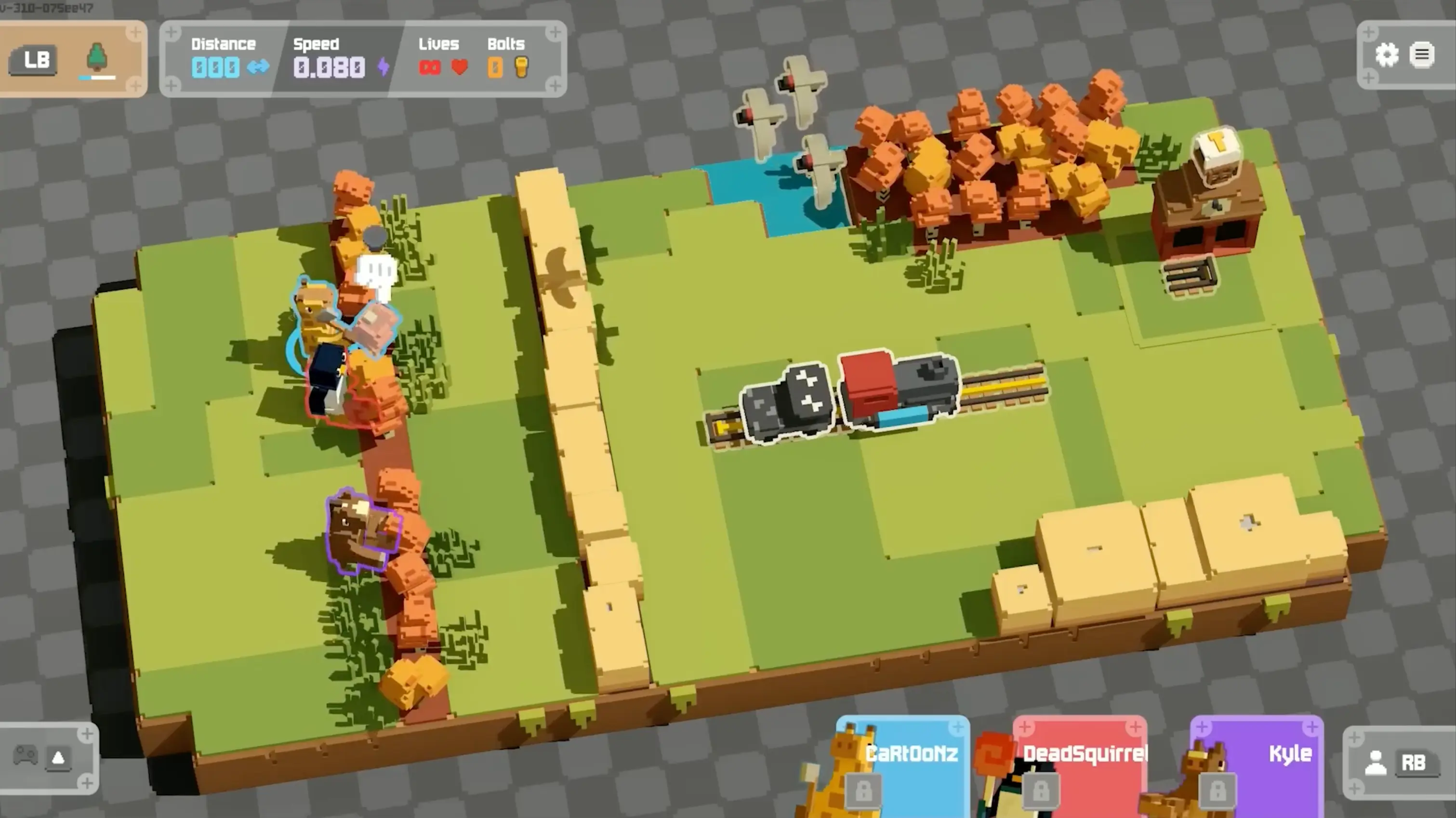 The chaotic start of a round, showing four voxel characters frantically chopping wood and mining iron as the train slowly inches forward.