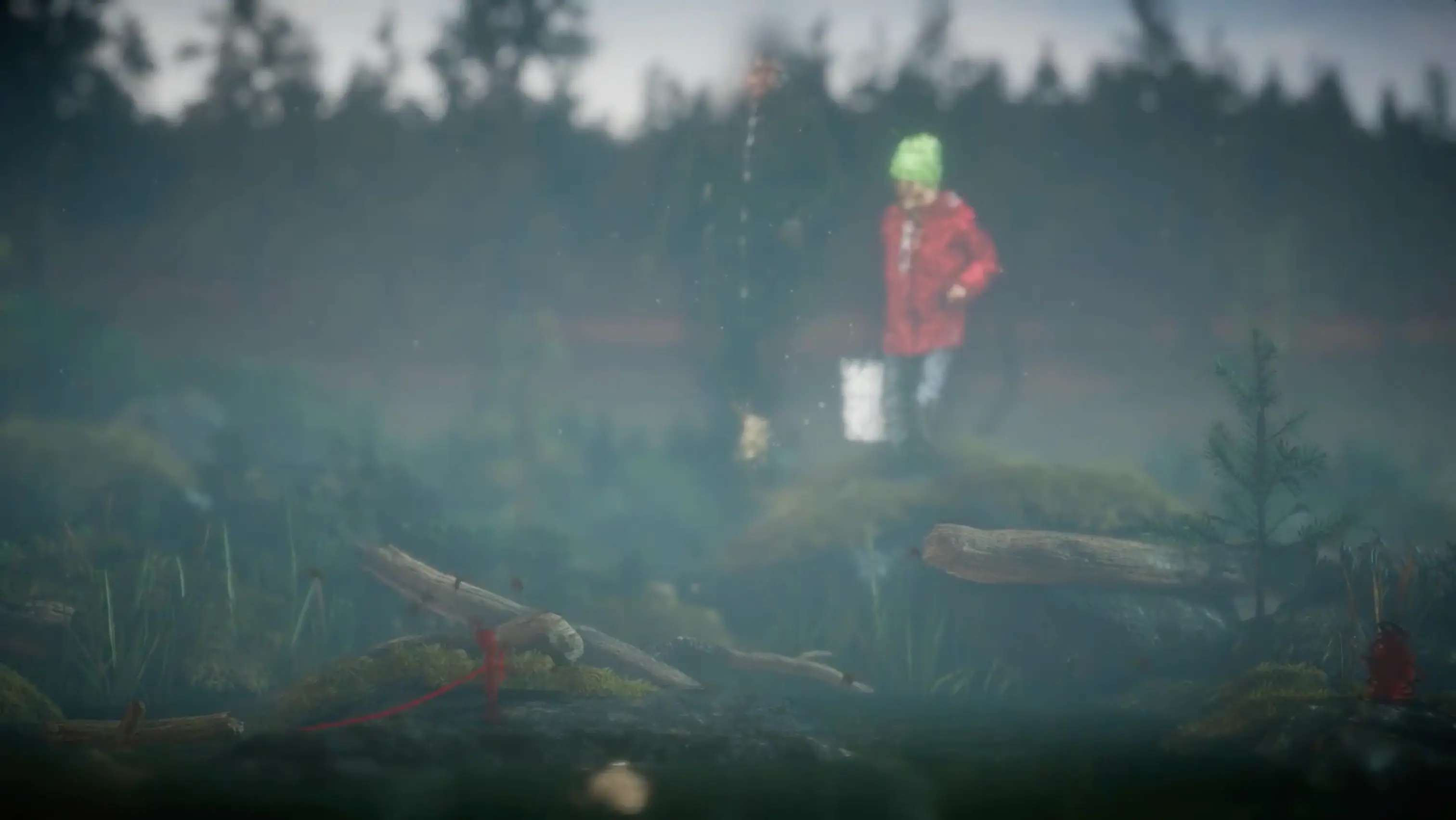 Yarny watching a golden, translucent memory of children playing in the forest background.