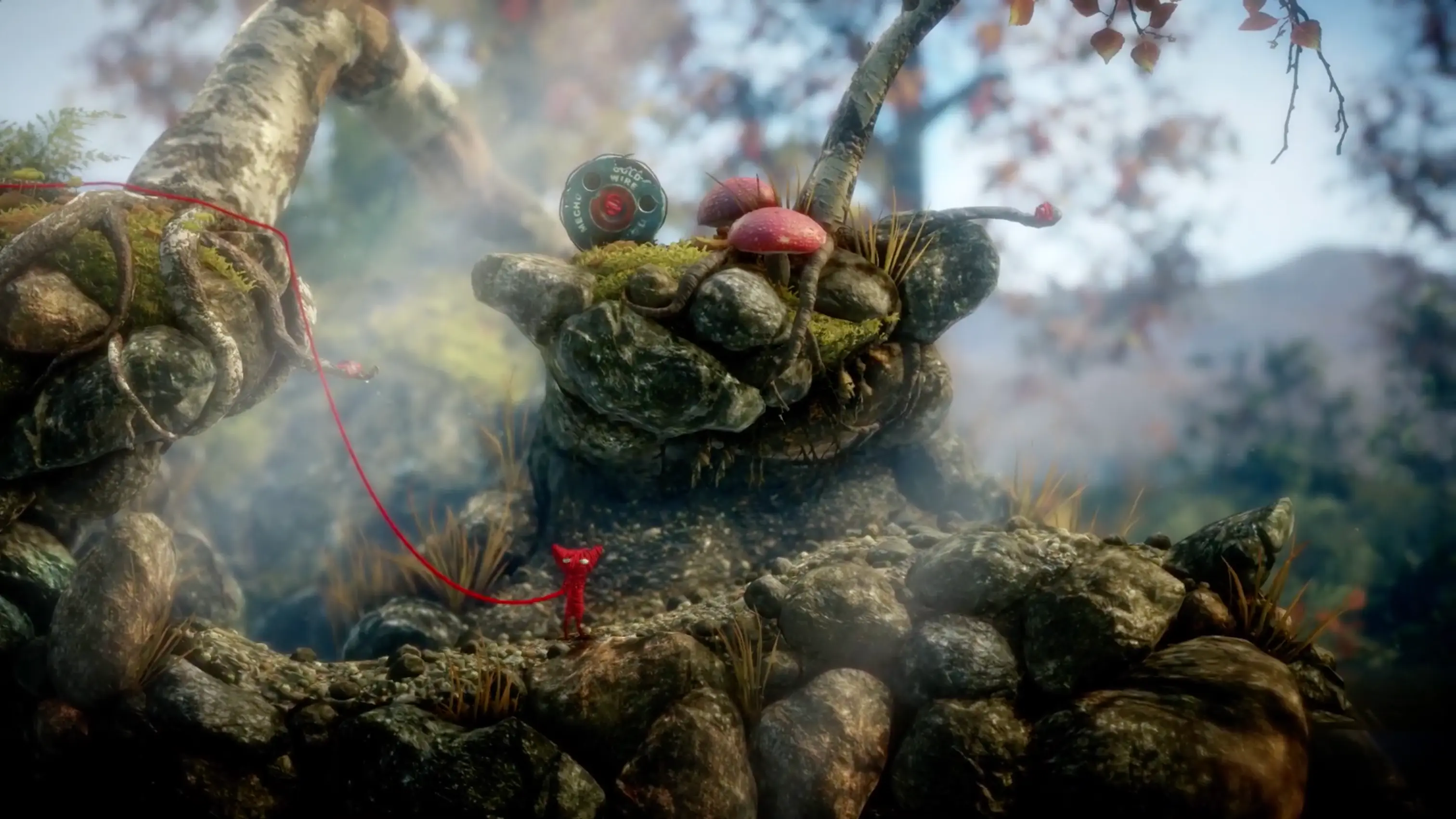 A highly detailed, photorealistic shot of Yarny walking over a moss-covered log in a sun-dappled forest.
