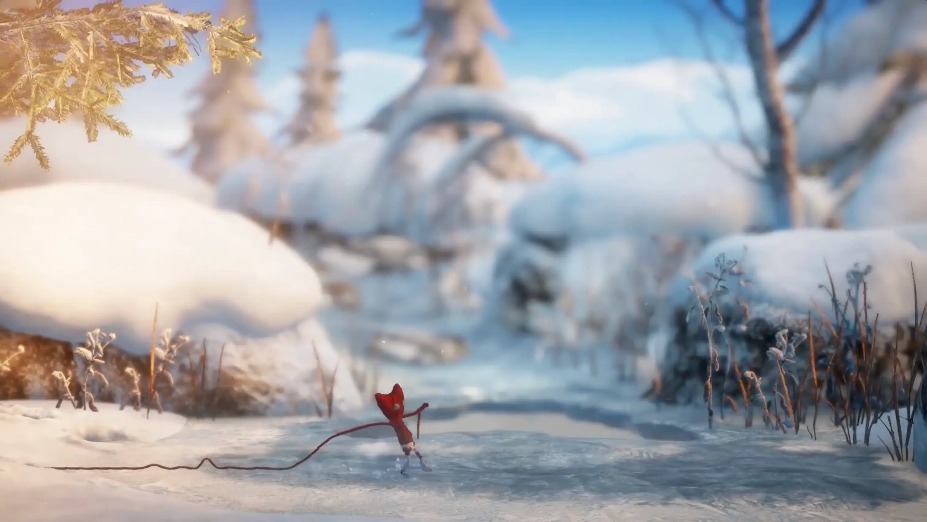 Yarny struggling to walk through a fierce, beautifully rendered snowstorm, leaving a trail of red yarn behind.