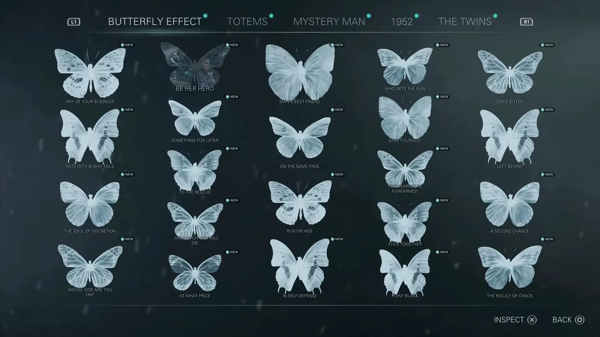 The game's UI showing the Butterfly Effect menu, with glowing lines connecting past decisions to future, unforeseen consequences.