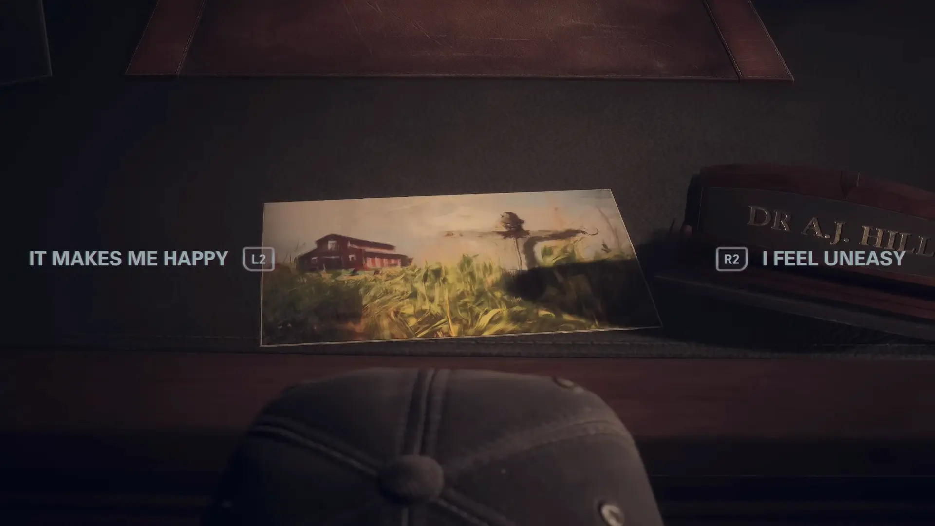 Dr. Hill sitting in his dimly lit office, staring intensely at the camera over his spectacles, analyzing the player's choices.