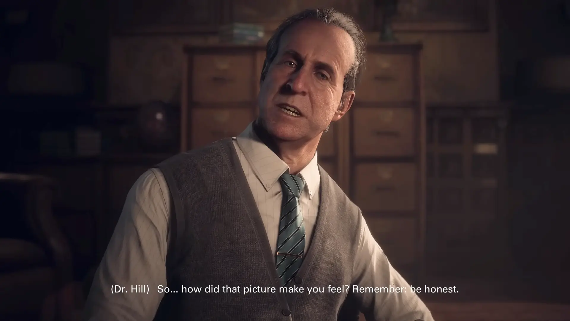 Dr. Hill sitting in his dimly lit office, staring intensely at the camera over his spectacles, analyzing the player's choices.