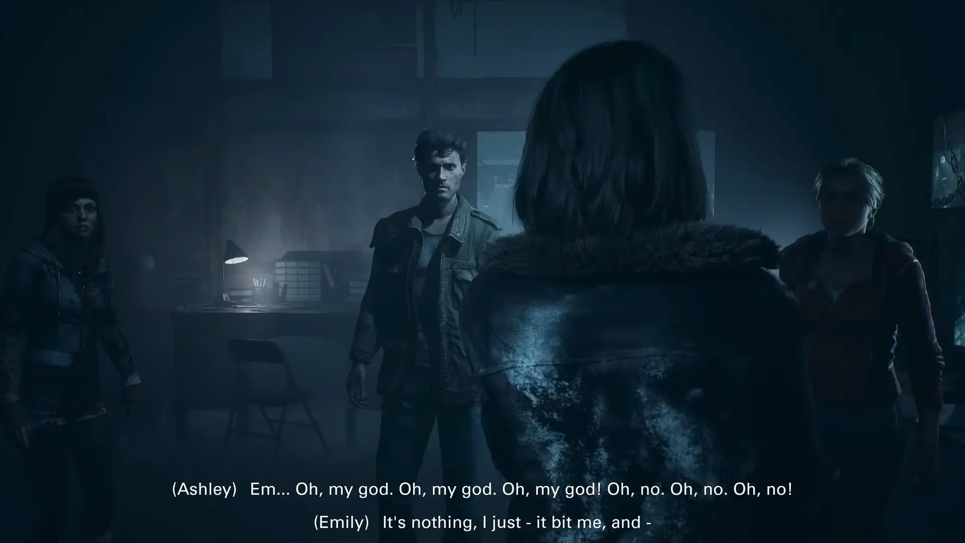 A tense standoff between Mike and Emily in the safe room, highlighting the shifting relationship meters and frayed nerves of the cast.