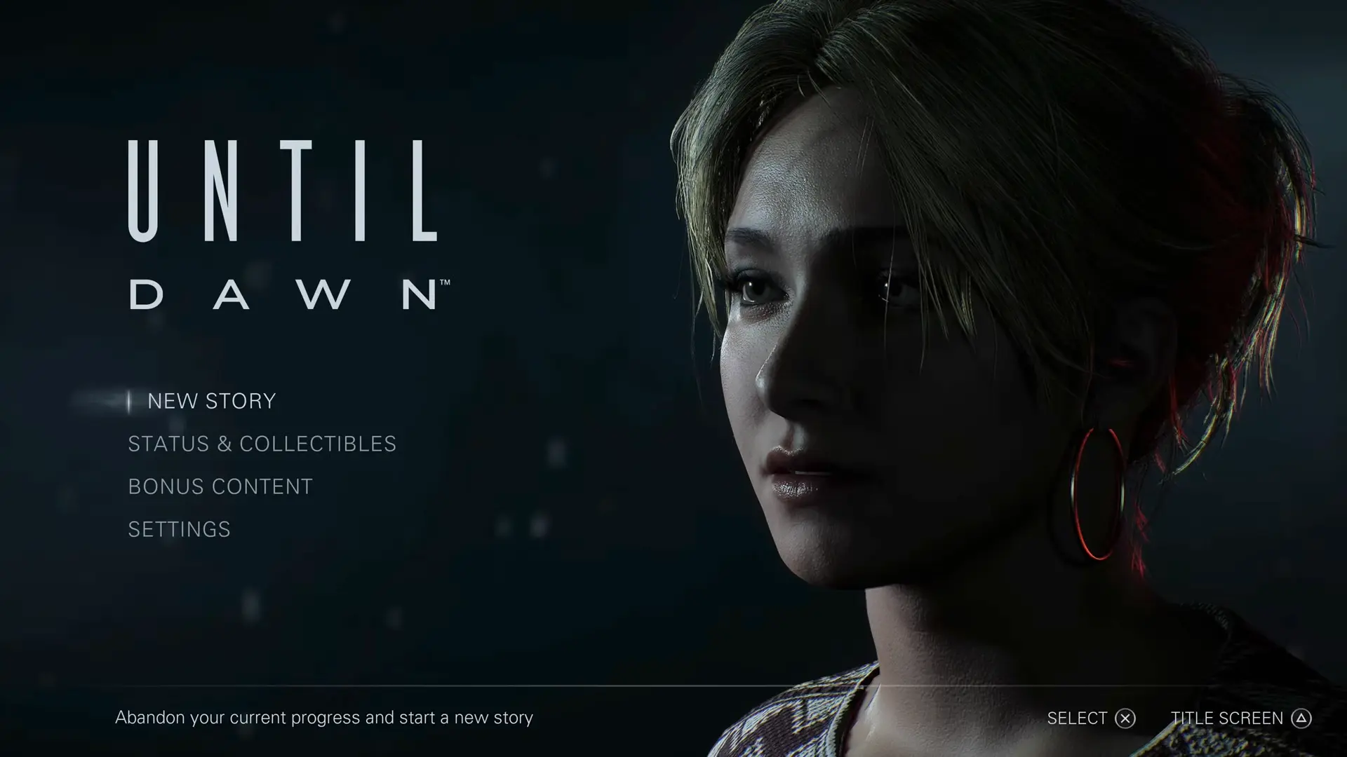 The main menu of Until Dawn, feature Sam
