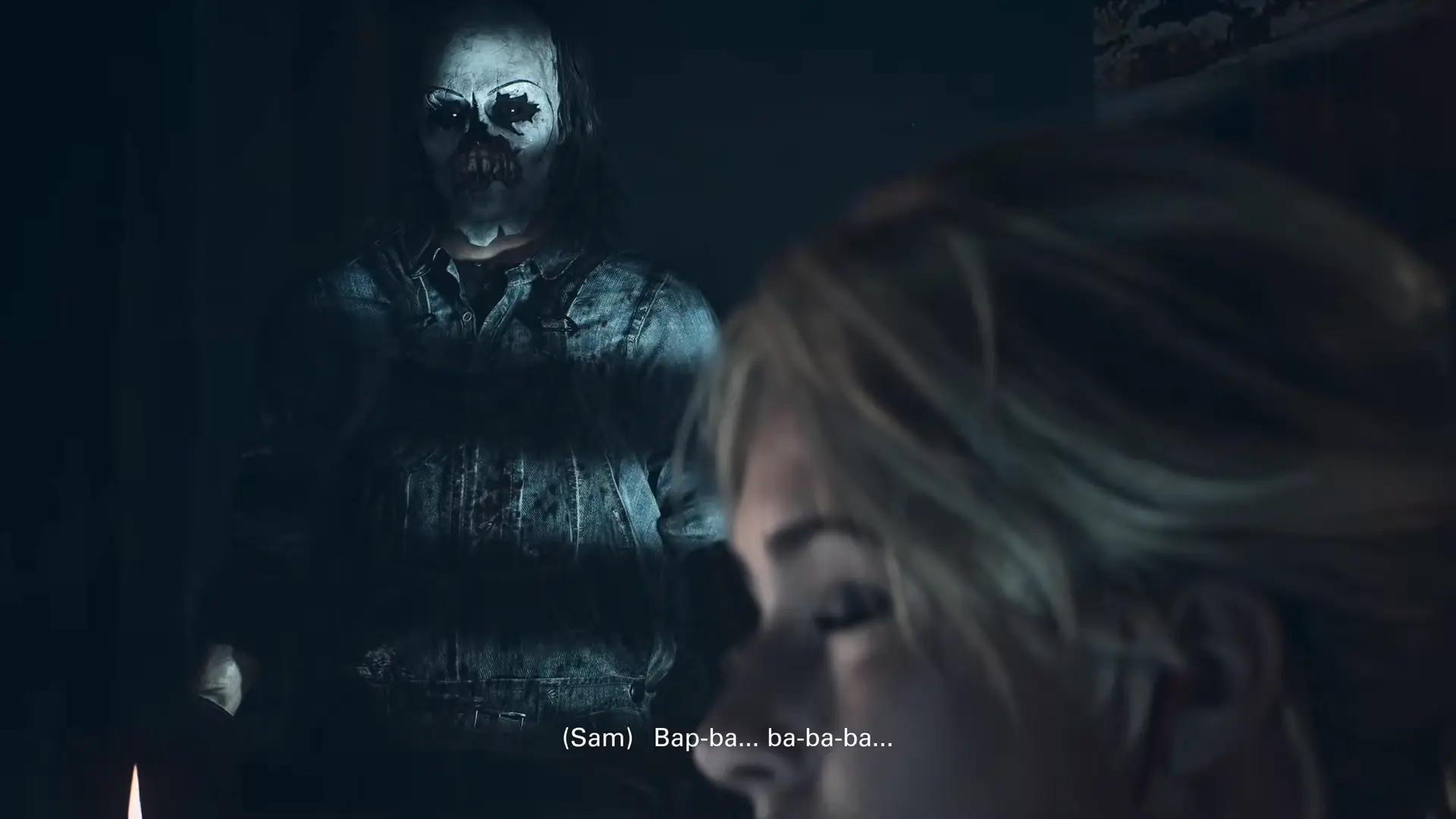 The Psycho staring through a broken window, wearing a terrifying, asymmetrical clown-like mask that breathes heavily.