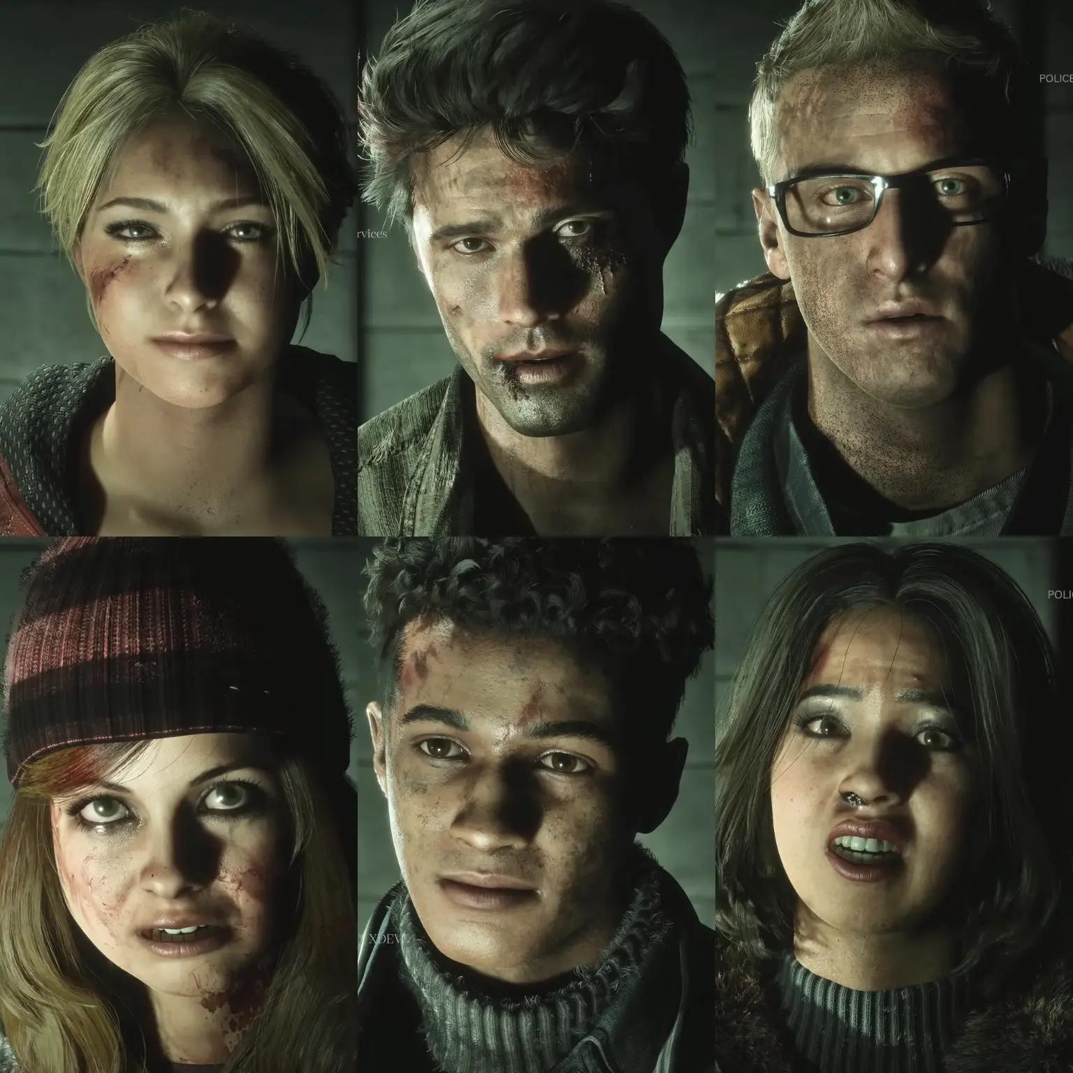 The surviving characters, wrapped in blankets and looking traumatized, sitting in a police interrogation room during the game's epilogue.