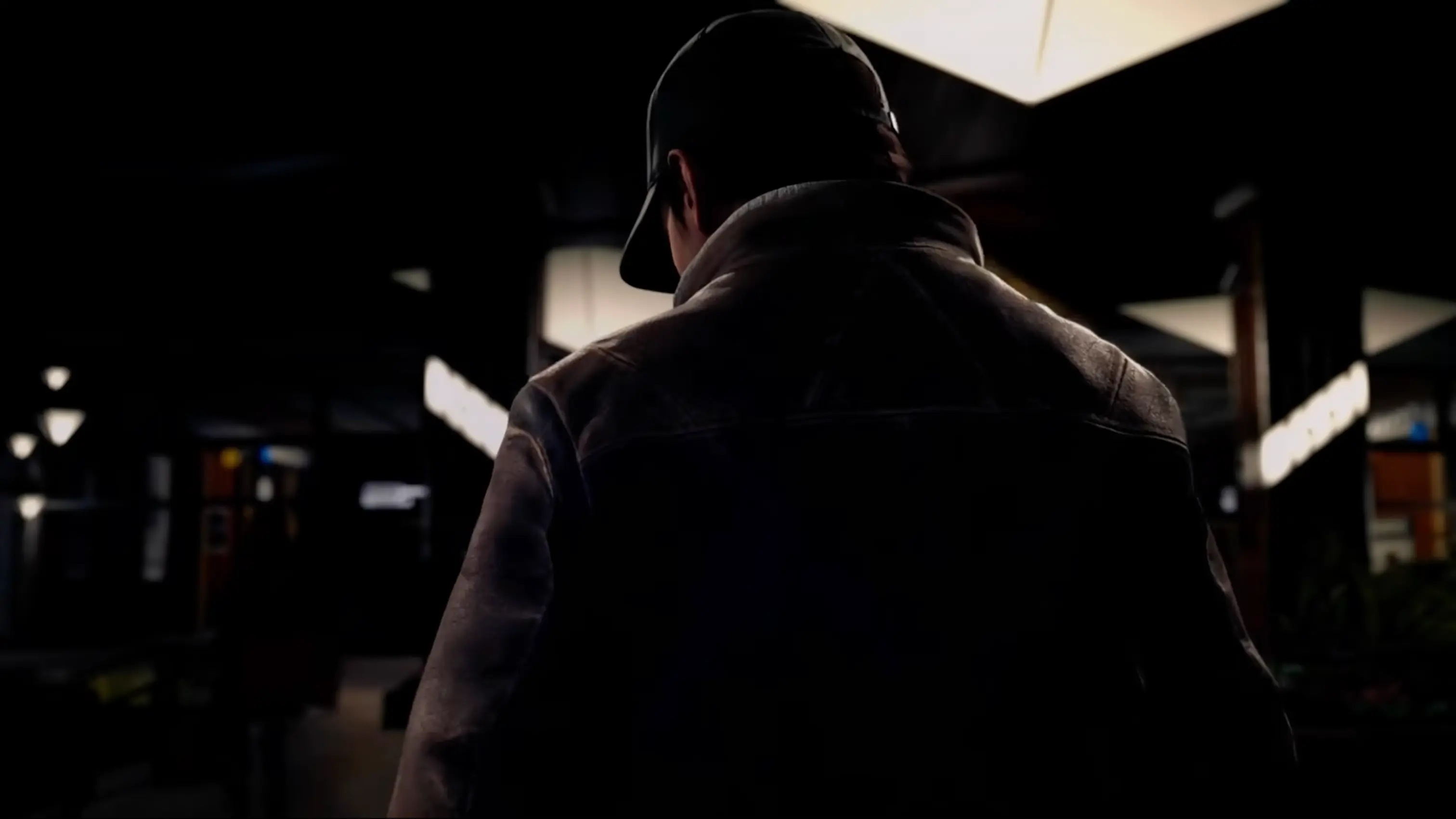 Aiden Pearce standing in the rain wearing his iconic leather trench coat and face mask, holding his smartphone as glowing digital lines connect to the city around him.