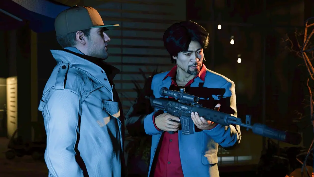 The impeccably dressed and heavily armed fixer Jordi Chin, standing casually with a sniper rifle while looking down through a shattered window.