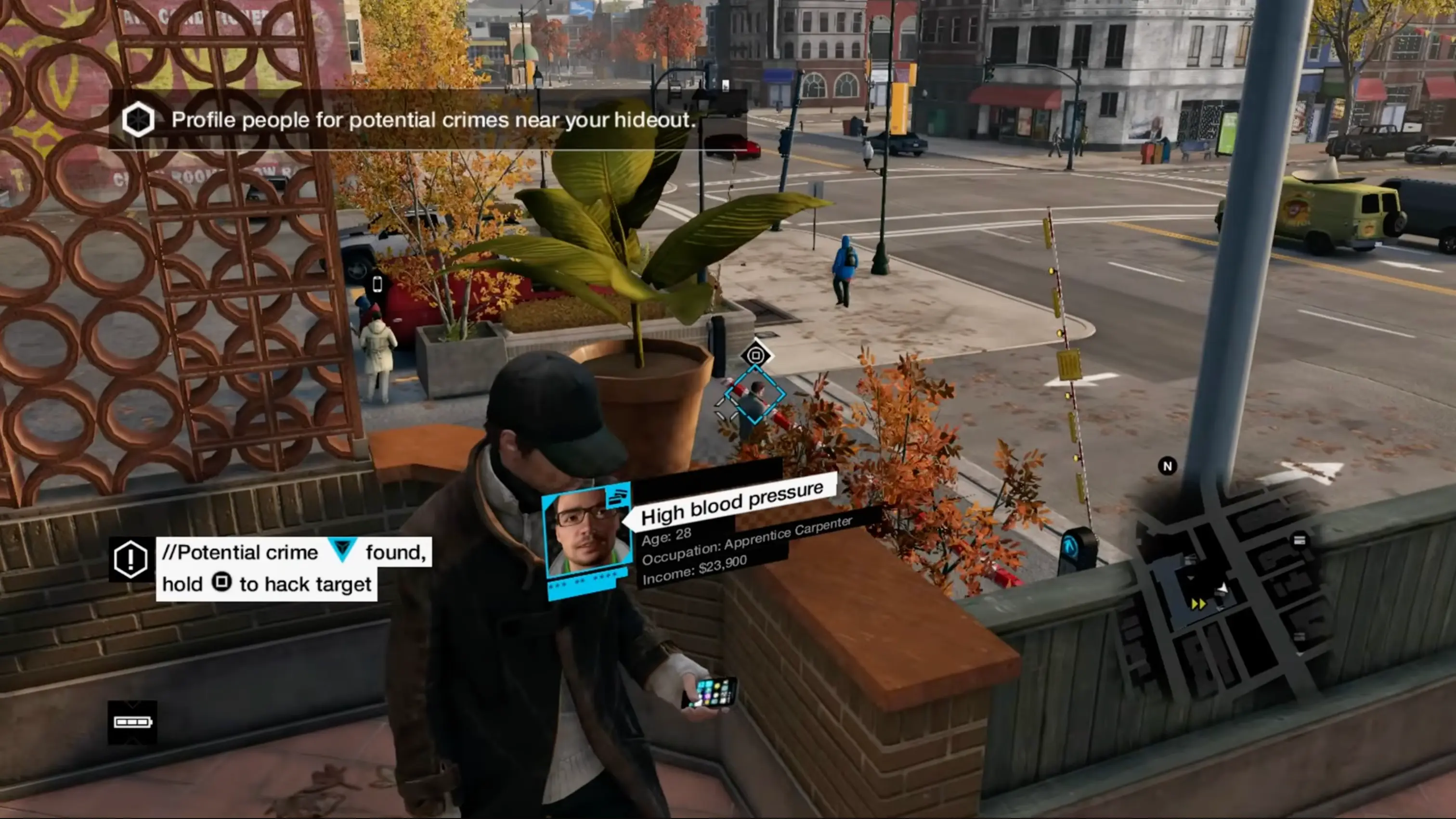 The game's UI showing the Profiler in action, pulling up a digital dossier containing the name, occupation, income, and dark secrets of a random citizen walking down the street.