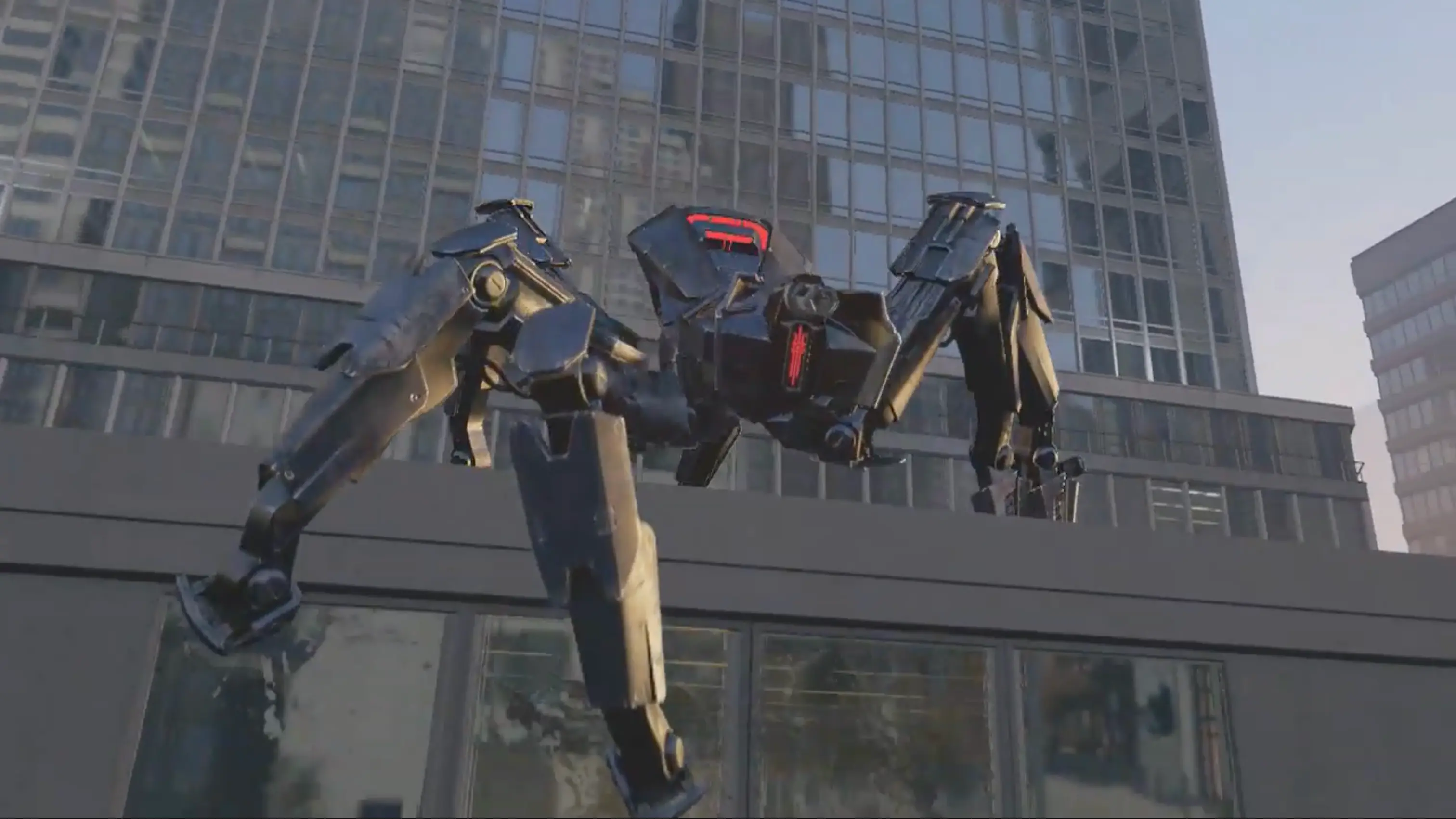 The bizarre and wildly entertaining Spider-Tank Digital Trip, showing a massive mechanical arachnid tearing through the streets of a simulated Chicago.