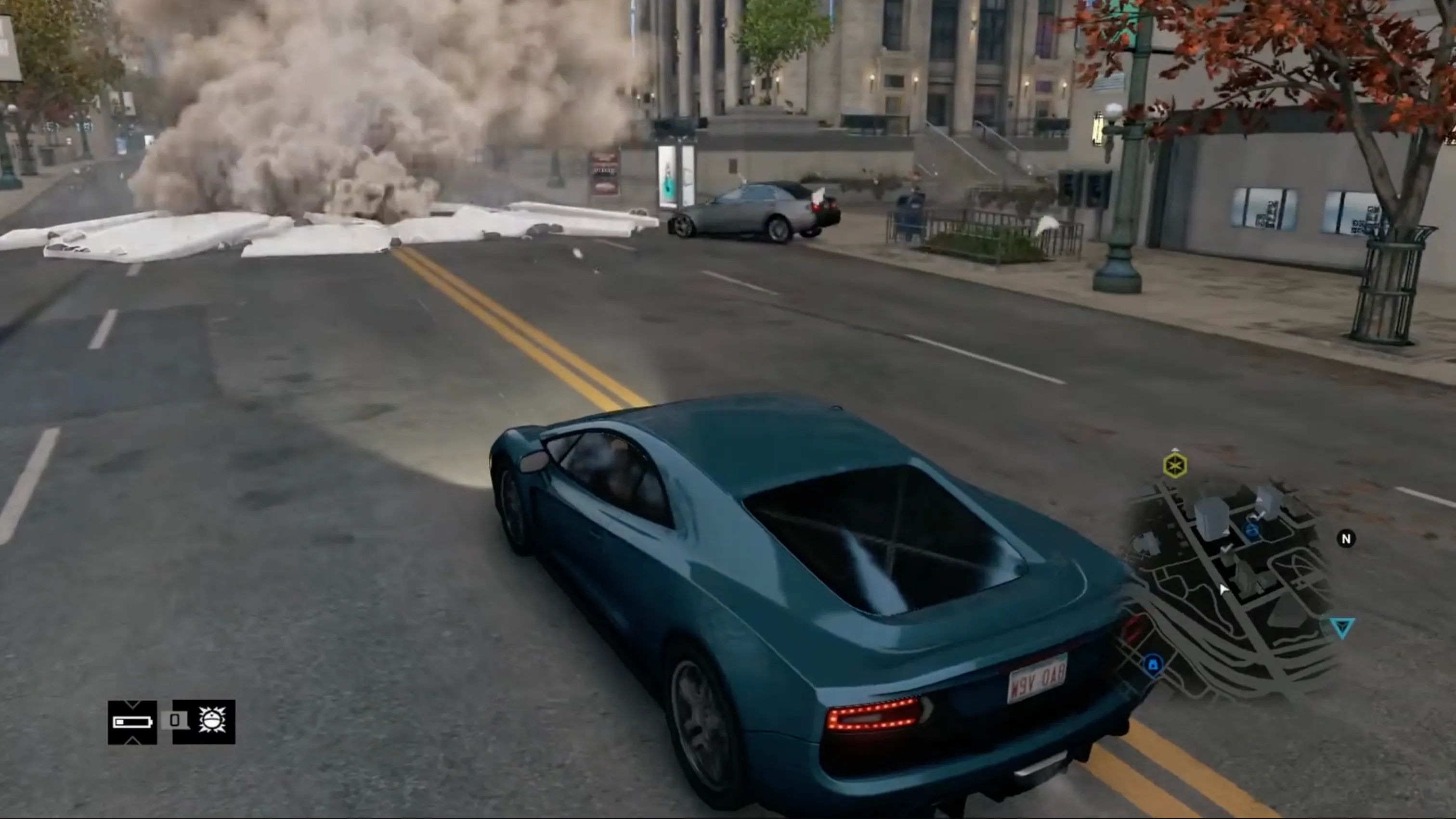 A spectacular action shot of an underground steam pipe violently erupting, launching a pursuing police cruiser high into the air.