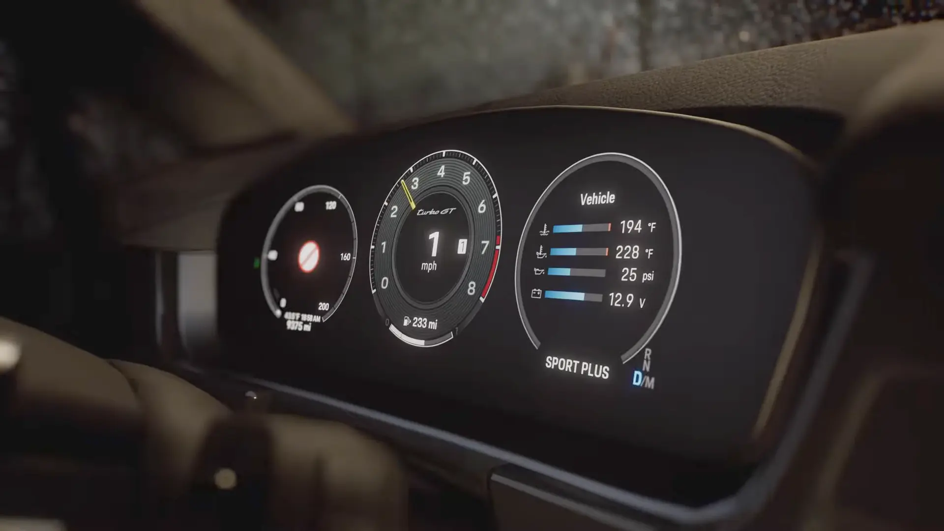 A view inside the cabin showing the porsche dashboard