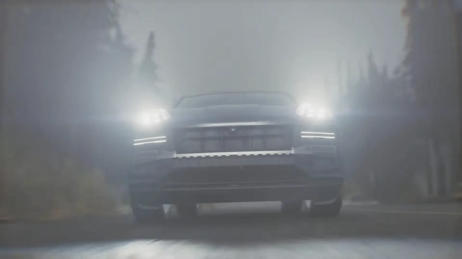 The multi-spectrum LED headlights piercing through the thick, living fog of Raccoon City, offering a desperate beacon of safety.