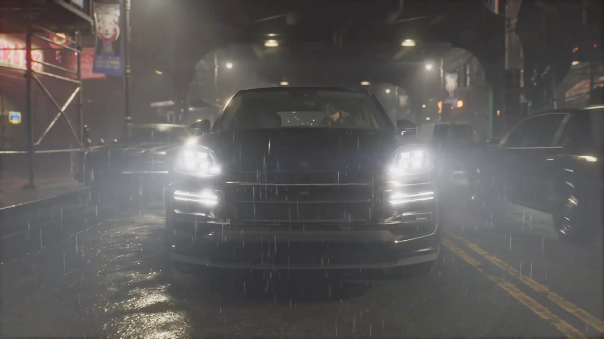 The multi-spectrum LED headlights piercing through the thick, living fog of Raccoon City, offering a desperate beacon of safety.