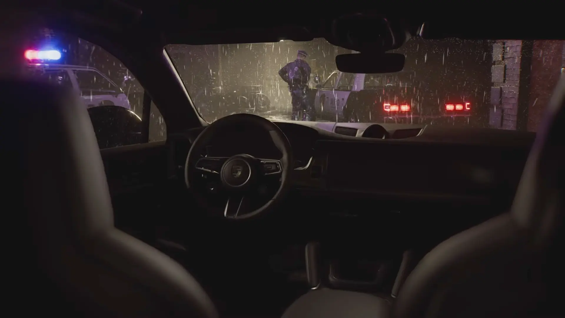 A view inside the cabin showing the rear seats removed, replaced by a titanium roll cage mounting a tactical shotgun and ammo boxes.
